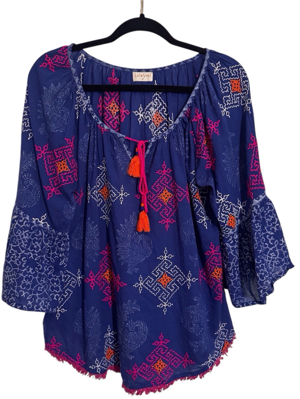 Lula Soul Size Medium Blouse Top Blue Floral Embroidered Boho Tassel Cotton